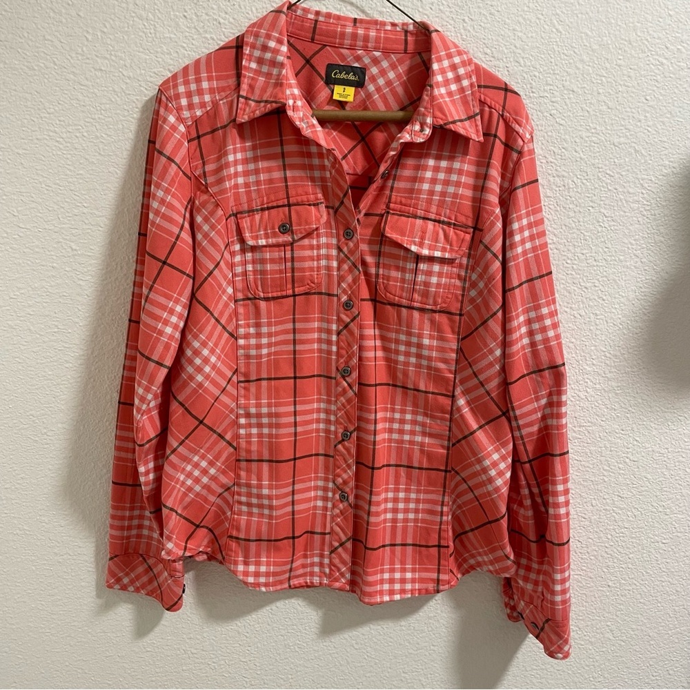 Cabela's coral pink and White Plaid flannel Shirt
